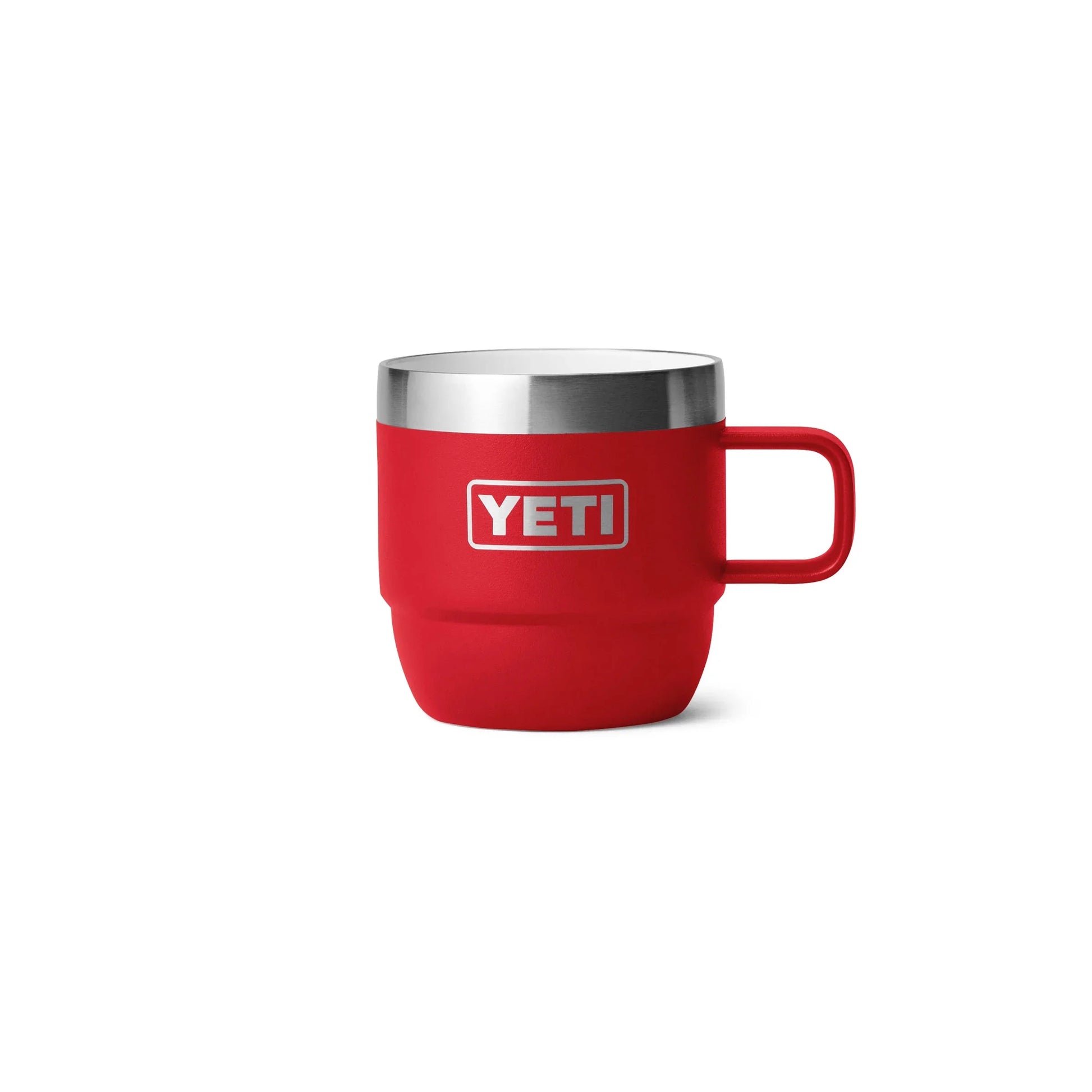 Red YETI insulated camp mug with handle, ideal for outdoor adventures and camping trips.