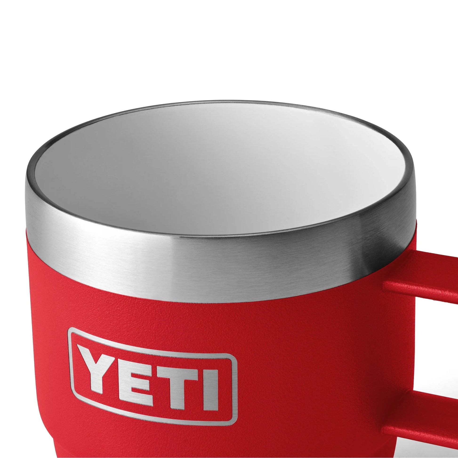 Red YETI insulated mug with stainless steel rim for camping and outdoor adventures