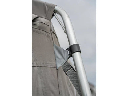 Close-up of durable camping chair with metal frame and fabric seat, ideal for outdoor adventures and caravanning trips.