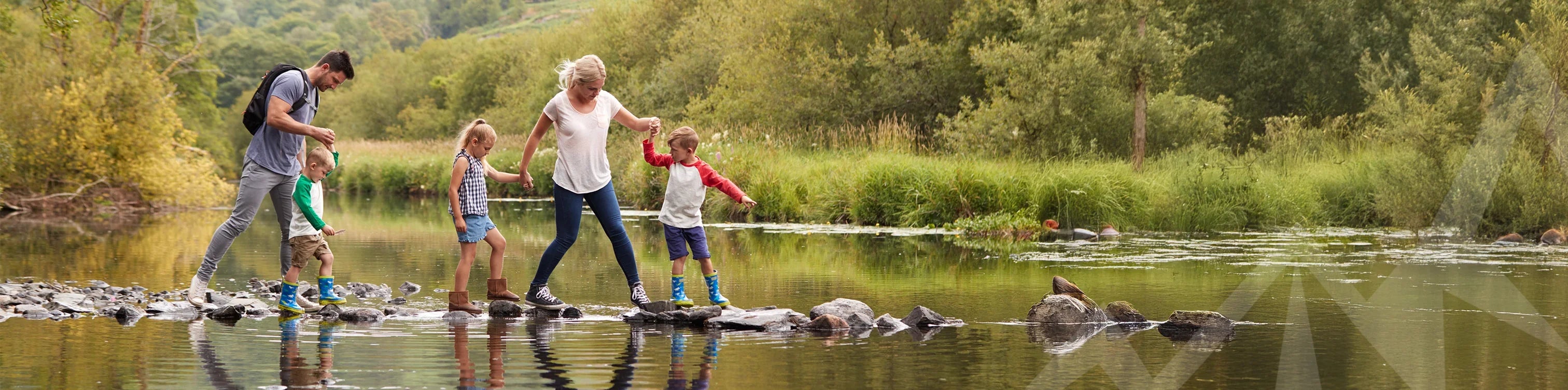 Family crossing river on stones during outdoor adventure, enjoying nature together