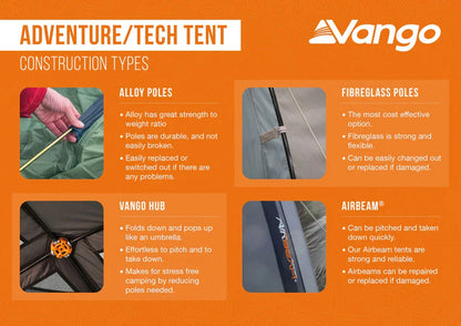 Vango Adventure/Tech Tent construction types: alloy, fibreglass poles, Vango Hub, Airbeam® for camping gear