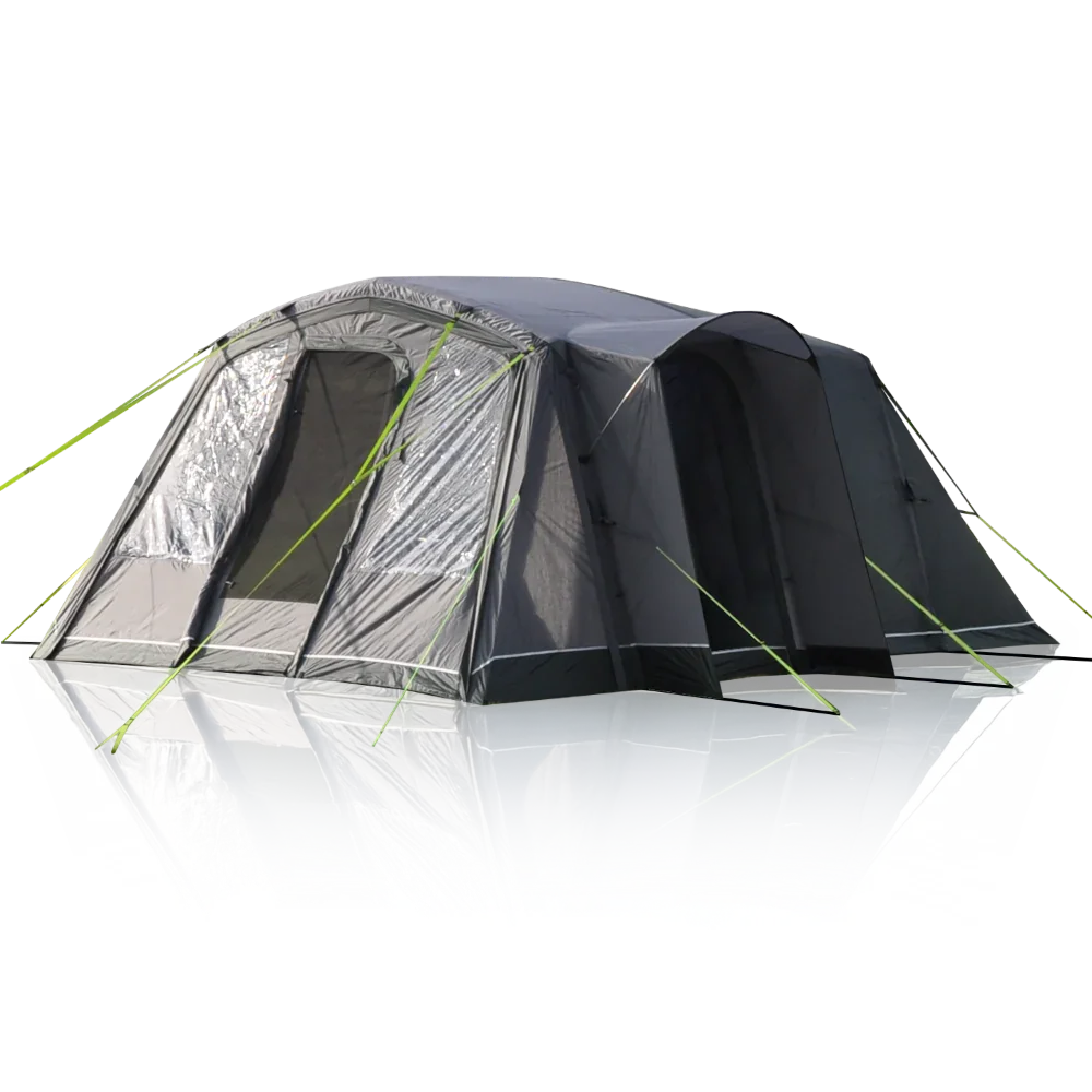 Large family camping tent with mesh windows and green guy lines, ideal for outdoor adventures.