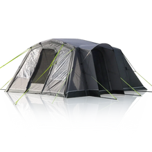 Large family camping tent with mesh windows and green guy lines, ideal for outdoor adventures.