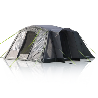 Large family camping tent with mesh windows and green guy lines, ideal for outdoor adventures.