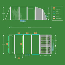 Caravan awning layout diagram with dimensions, airflow, and bedroom zones for camping gear