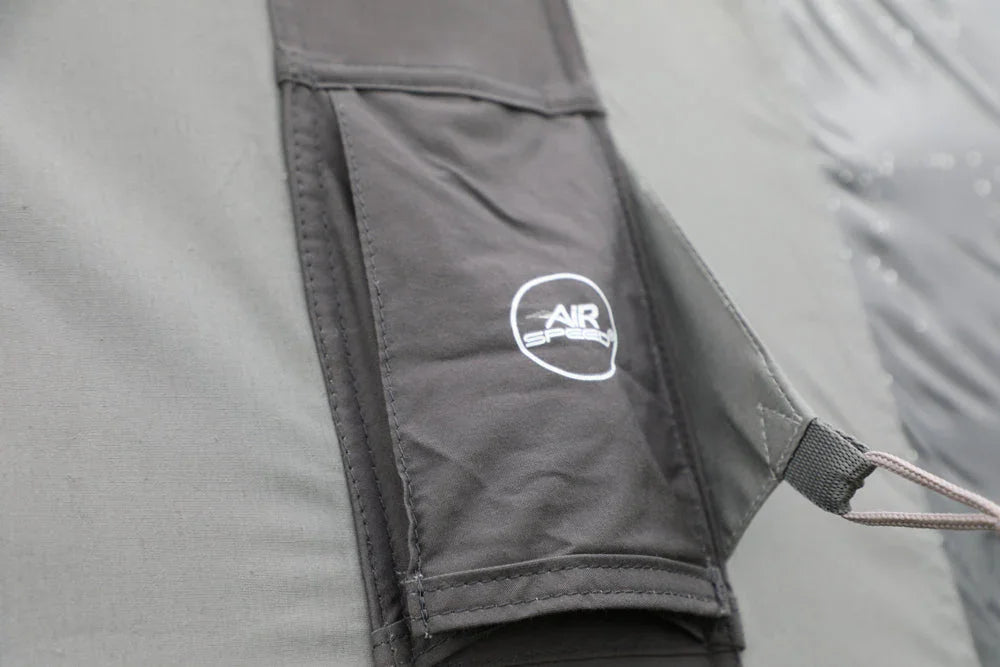 Air Speed logo on gray camping tent fabric with durable stitching and strap detail