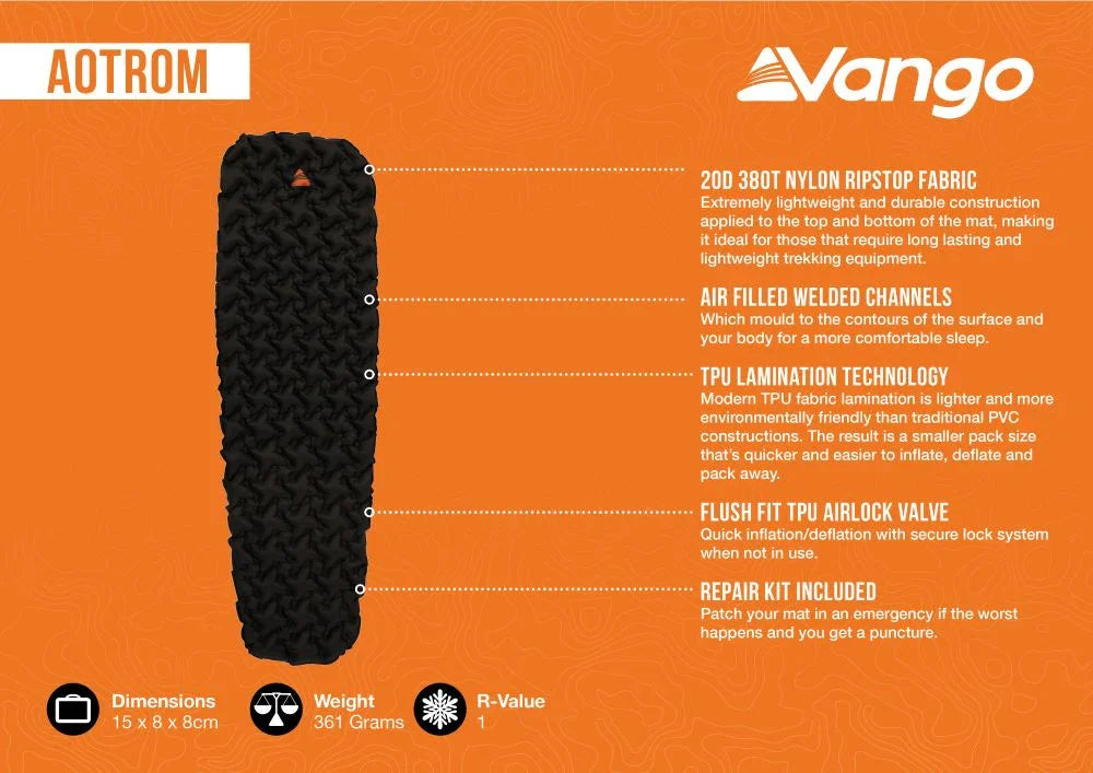 Vango Aotrom inflatable sleeping mat with airlock valve, TPU lamination, and repair kit for camping adventures