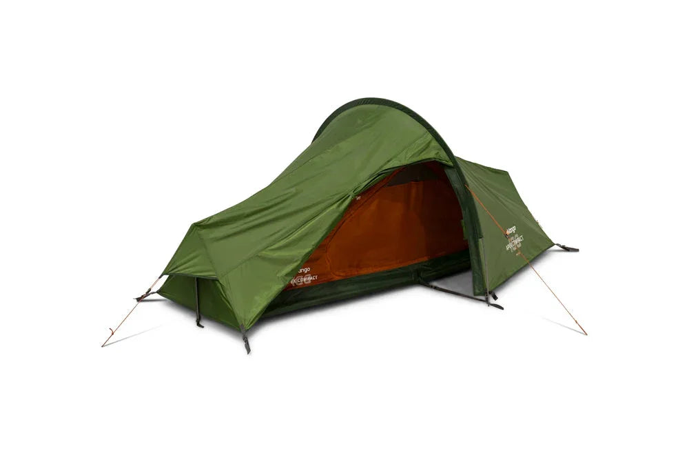 Green camping tent with orange interior, ideal for outdoor adventures and camping trips