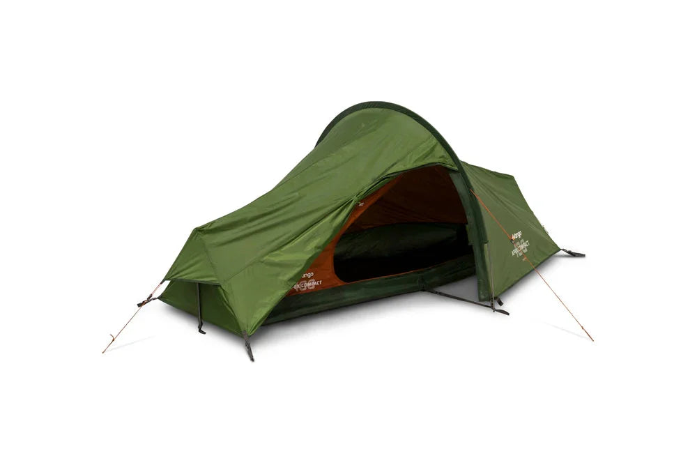 Green 2-person camping tent with orange interior, ideal for outdoor adventures and festivals