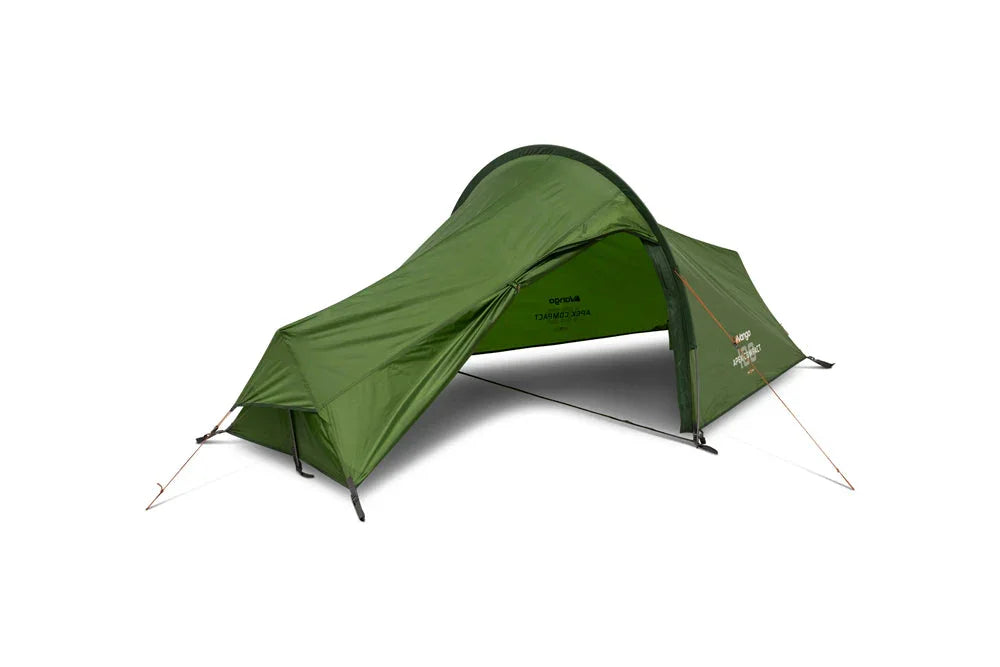 Green camping tent with awning for outdoor adventures and caravanning