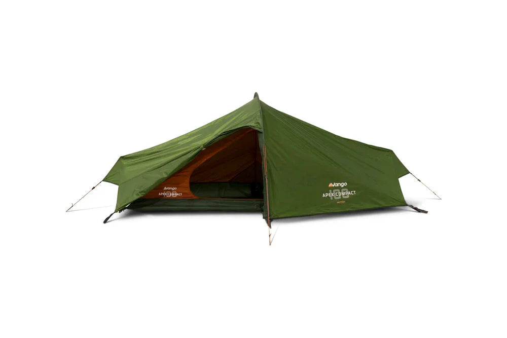 Vango Apex Compact camping tent with green exterior and open entrance, ideal for outdoor adventures