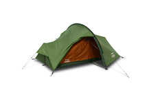 Green camping tent with orange interior, ideal for outdoor adventures and camping trips.