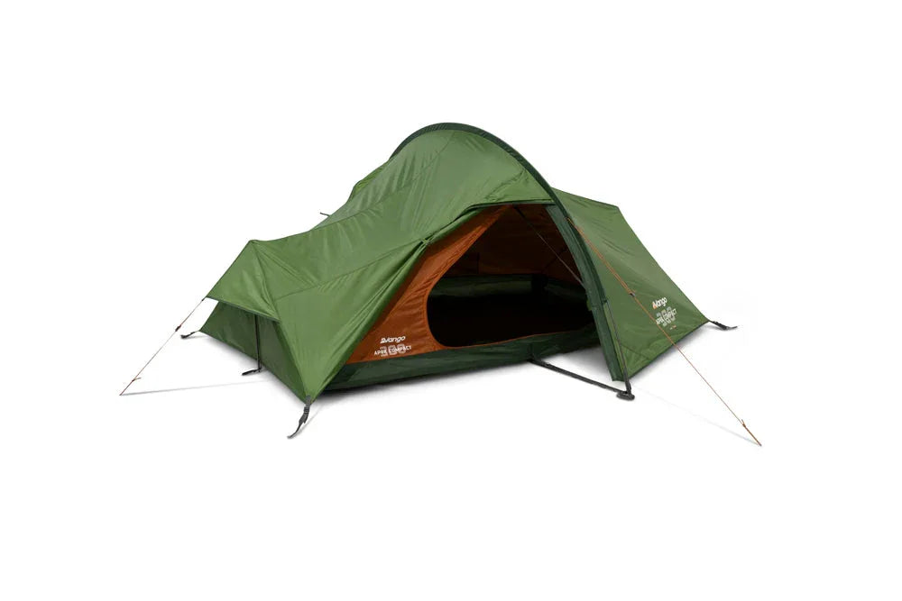 Green camping tent with orange interior, ideal for outdoor adventures and camping trips.