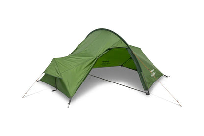 Green camping tent with open front, ideal for outdoor adventures and caravanning trips