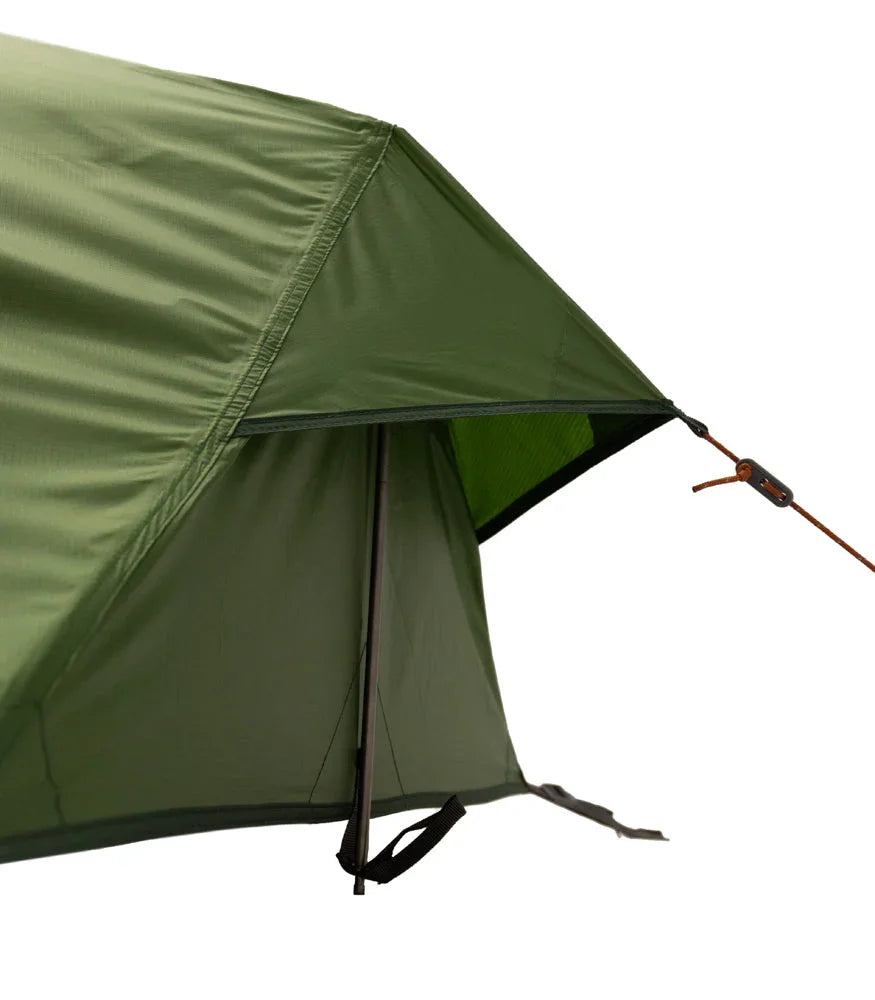 Olive green camping tent with rainfly and guy line, ideal for outdoor adventures and backpacking trips.