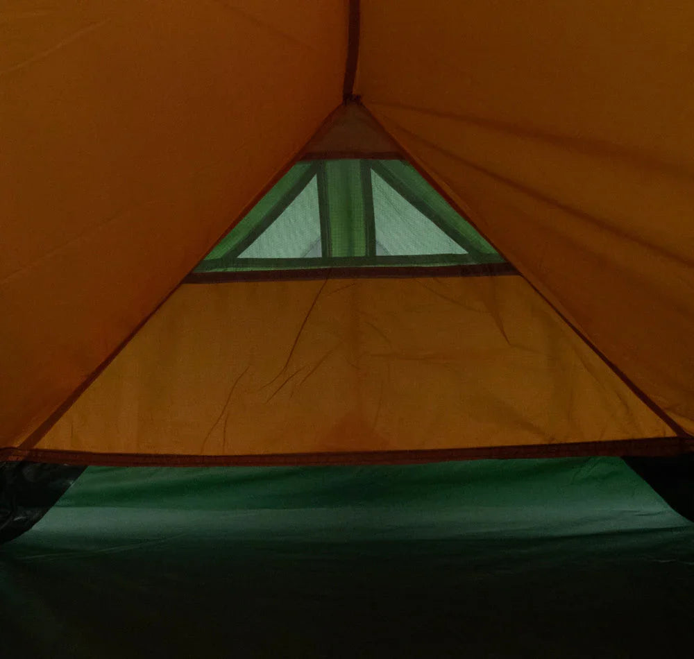 Orange tent interior with triangular mesh window for camping adventures