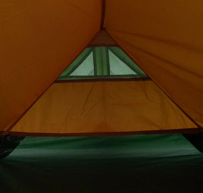 Orange tent interior with triangular mesh window for camping adventures