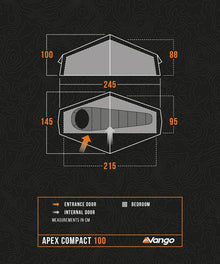 Vango Apex Compact 100 tent dimensions diagram showing entrance, internal doors, and bedroom layout in cm