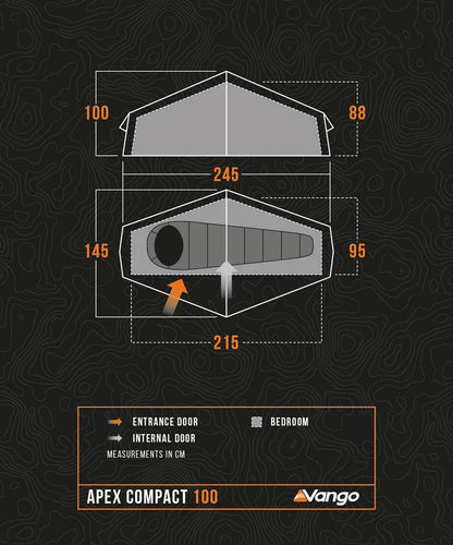 Vango Apex Compact 100 tent dimensions diagram showing entrance, internal doors, and bedroom layout in cm