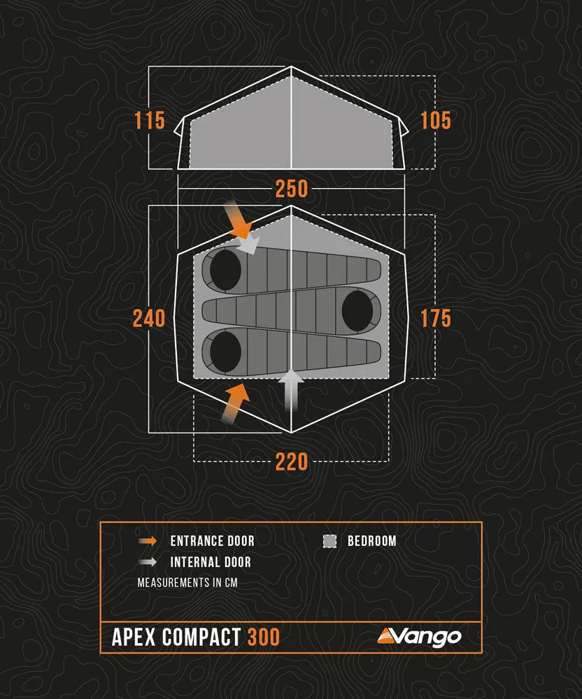 Vango Apex Compact 300 tent floor plan with dimensions, entrance & internal doors, bedroom layout for camping