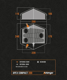 Vango Apex Compact 300 tent floor plan with dimensions, entrance & internal doors, bedroom layout for camping