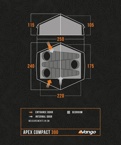 Vango Apex Compact 300 tent floor plan with dimensions, entrance & internal doors, bedroom layout for camping