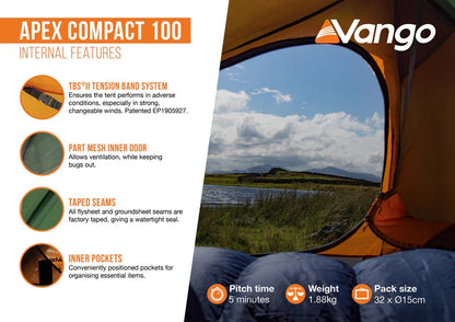 Vango Apex Compact 100 tent interior view with lakeside scenery, featuring TBS tension system, mesh door, taped seams, and inner pockets.