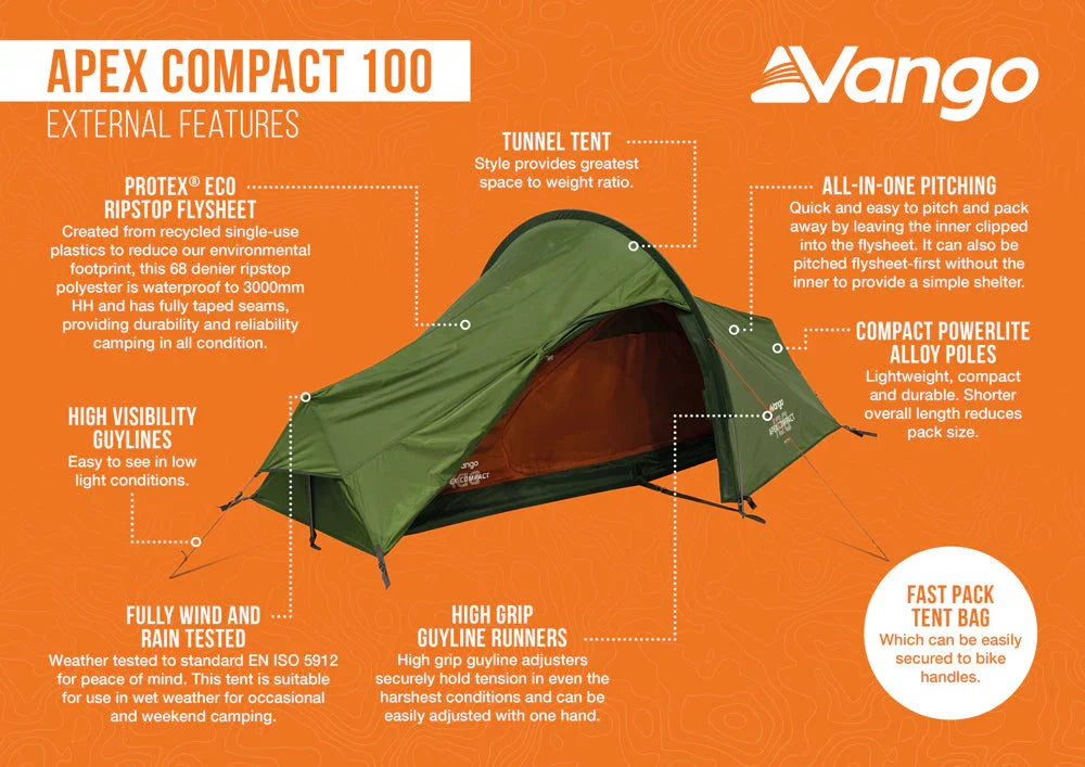 Vango Apex Compact 100 green tunnel tent with eco flysheet, alloy poles, and fast pack bag for camping adventures