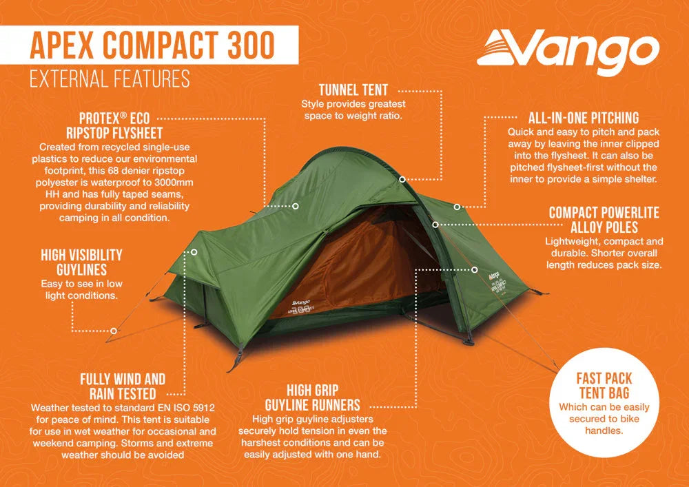 Vango Apex Compact 300 tunnel tent with eco flysheet, compact poles, and fast-pack bag for camping adventures