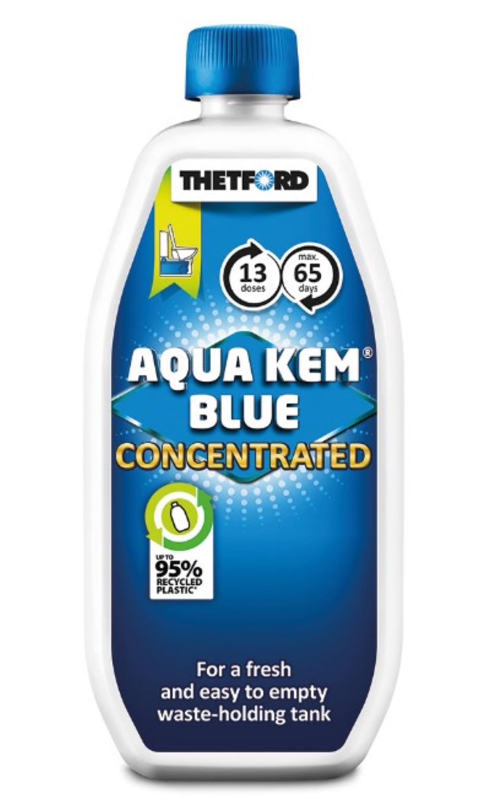 A bottle of Thetford Aqua Kem Blue Concentrated liquid waste-removal product, featuring a white bottle with a blue cap and a blue label.