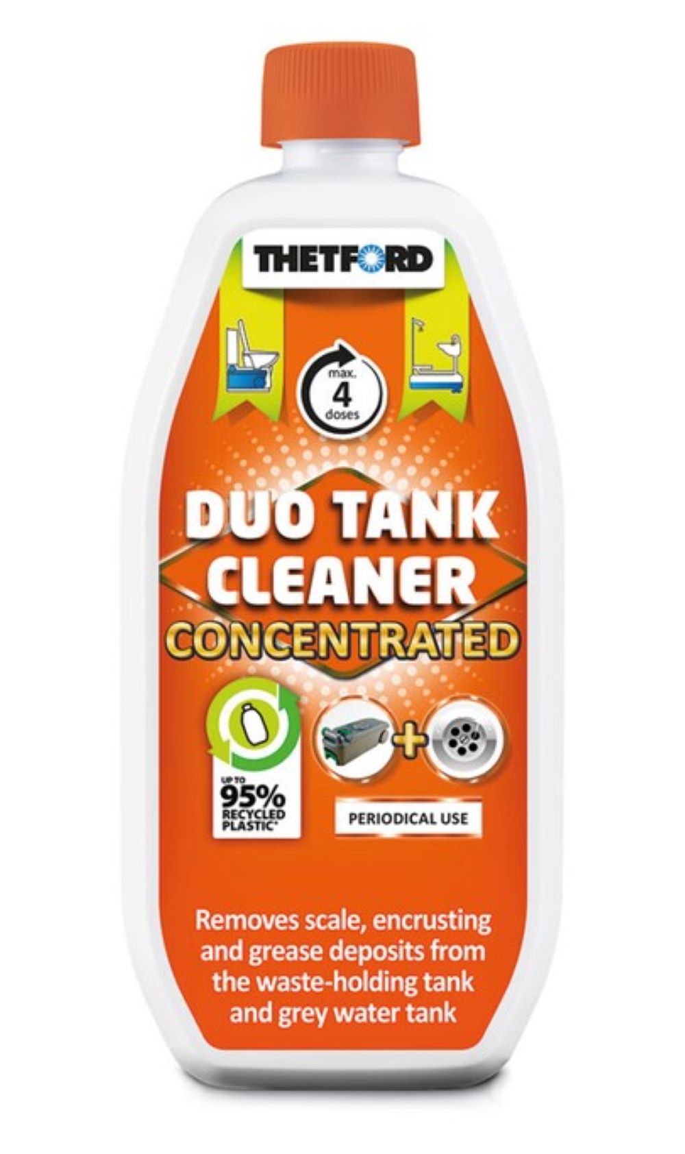 A bottle of Thetford Duo Tank Cleaner Concentrated on a plain white background. The bottle is white with a bright orange cap and a large orange label featuring the product name in bold white and yellow text.
