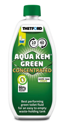 A bottle of Thetford Aqua Kem Green Concentrated Septic Tank Fluid, featuring a white plastic bottle with a green cap and a green label.