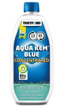 A bottle of Thetford Aqua Kem Blue Concentrated waste holding tank cleaner, featuring a blue cap and a blue and green label with product details.