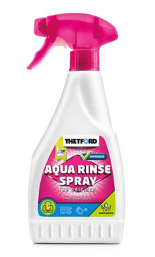 A bottle of Thetford Aqua Rinse Spray with a white plastic body, a bright pink trigger spray top, and a colorful label on the front.