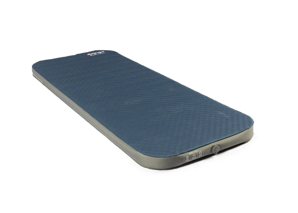 A dark blue inflatable sleeping pad with a textured top surface and gray inflatable edges, shown on a plain white background.