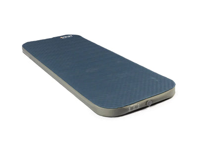 A dark blue inflatable sleeping pad with a textured top surface and gray inflatable edges, shown on a plain white background.