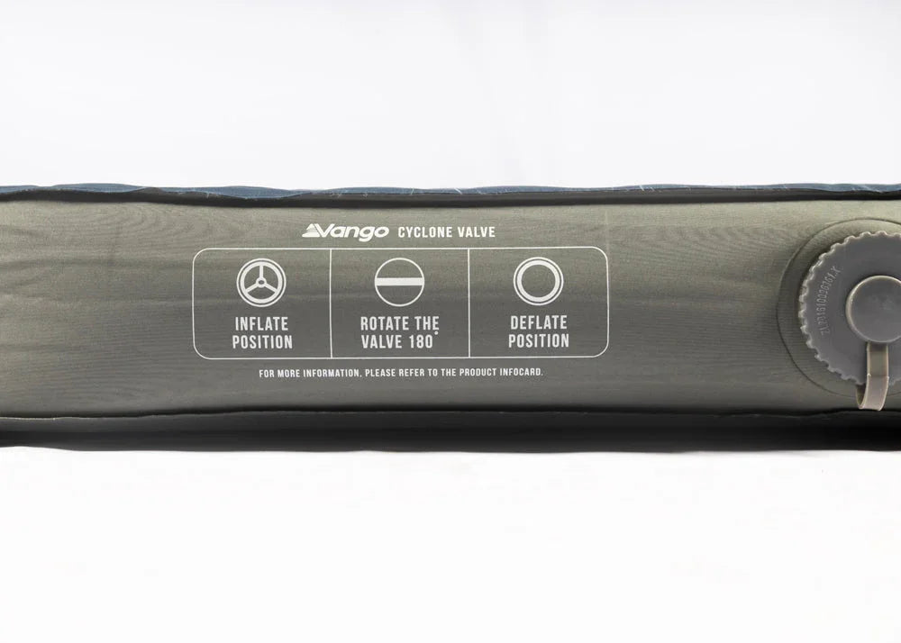 Vango Cyclone Valve on inflatable camping mattress with inflate, rotate, and deflate instructions