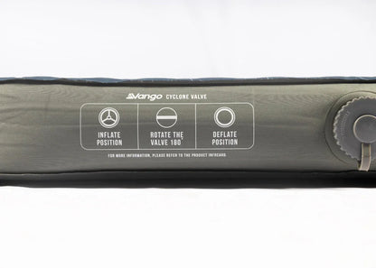 Vango Cyclone Valve on inflatable camping mattress with inflate, rotate, and deflate instructions