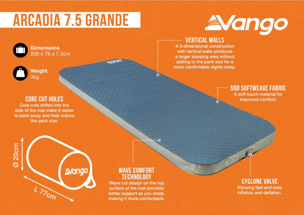 Vango Arcadia 7.5 Grande camping mattress with vertical walls, softweave fabric, and cyclone valve for comfortable outdoor sleep