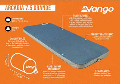 Vango Arcadia 7.5 Grande camping mattress with vertical walls, softweave fabric, and cyclone valve for comfortable outdoor sleep