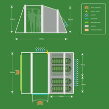 Caravan awning layout diagram with dimensions, airflow, and features like mesh doors, electric access, and optional bedrooms