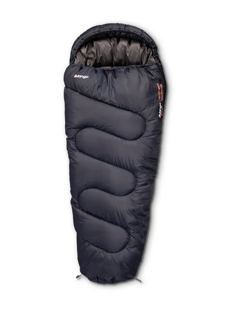 Vango sleeping bag for camping and outdoor adventures, featuring insulated design and hood for warmth
