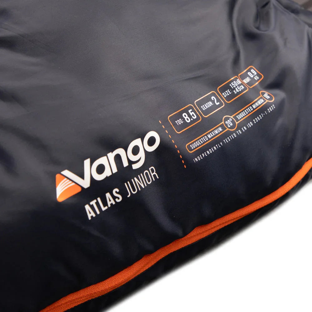 Vango Atlas Junior sleeping bag with orange trim, 8.5 tog, season 2, 150x45cm, ideal for camping adventures