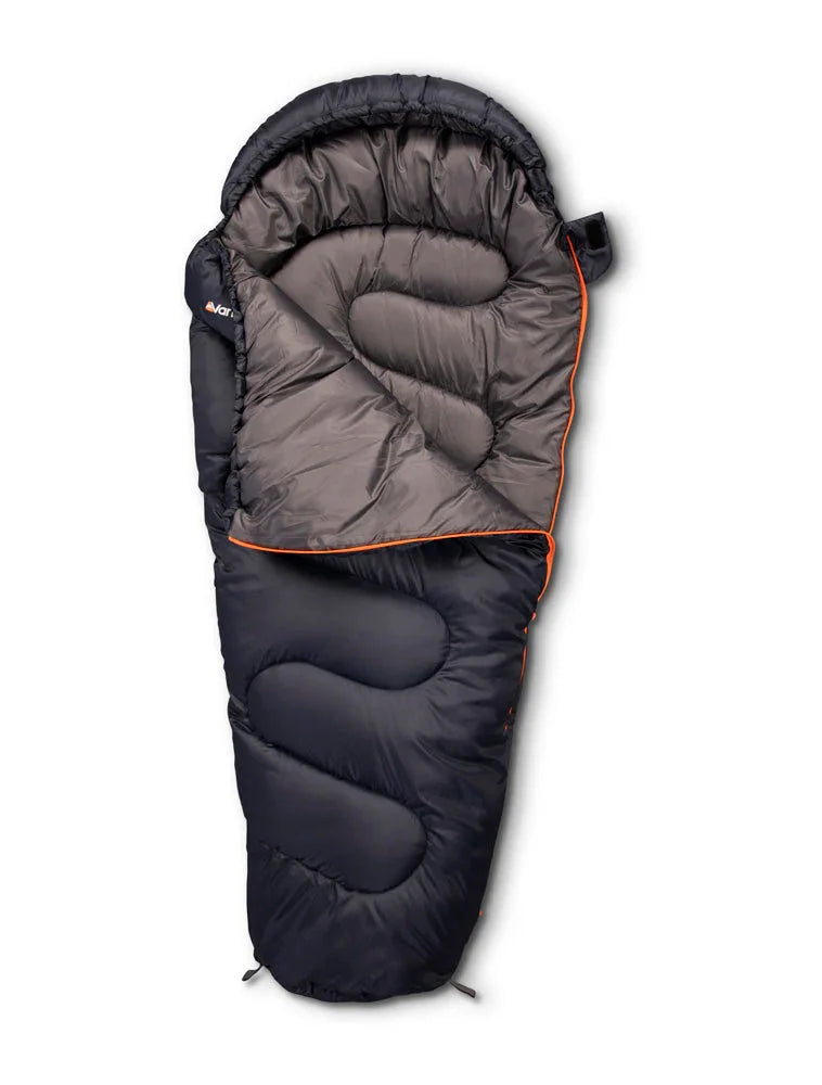 Black and gray mummy sleeping bag with orange trim for camping and outdoor adventures