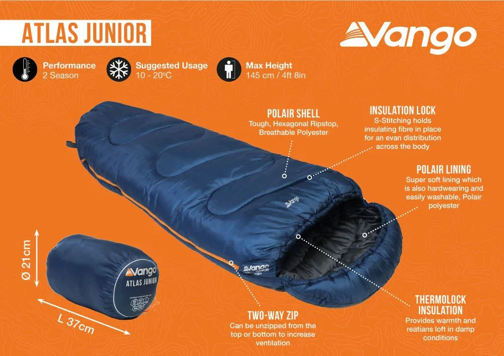 Vango Atlas Junior kids' sleeping bag with polar shell, thermolock insulation, and two-way zip for camping adventures