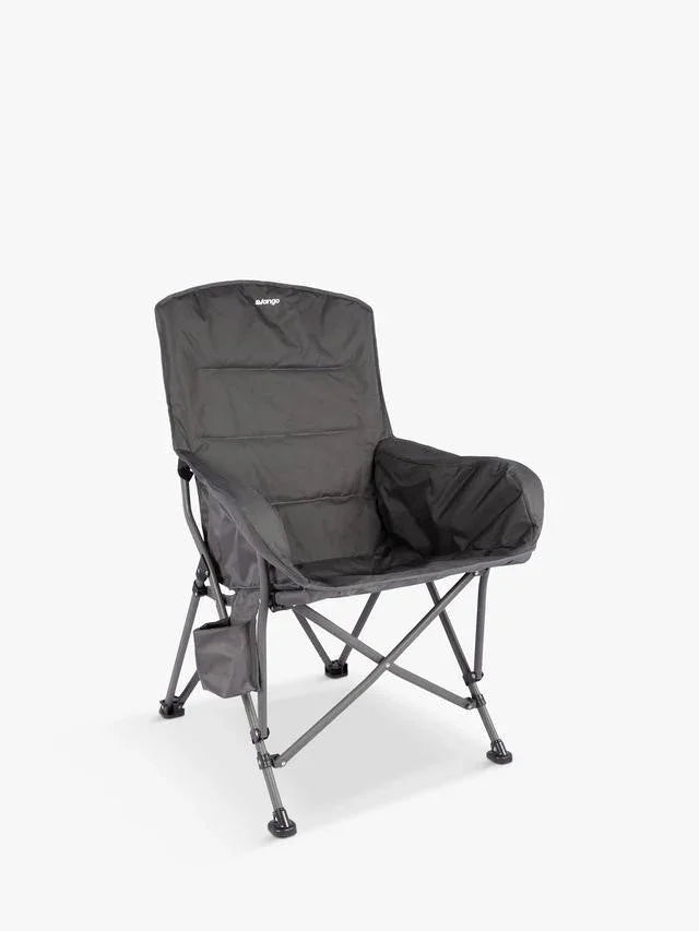 Gray portable camping chair with padded armrests and side pocket for outdoor adventures