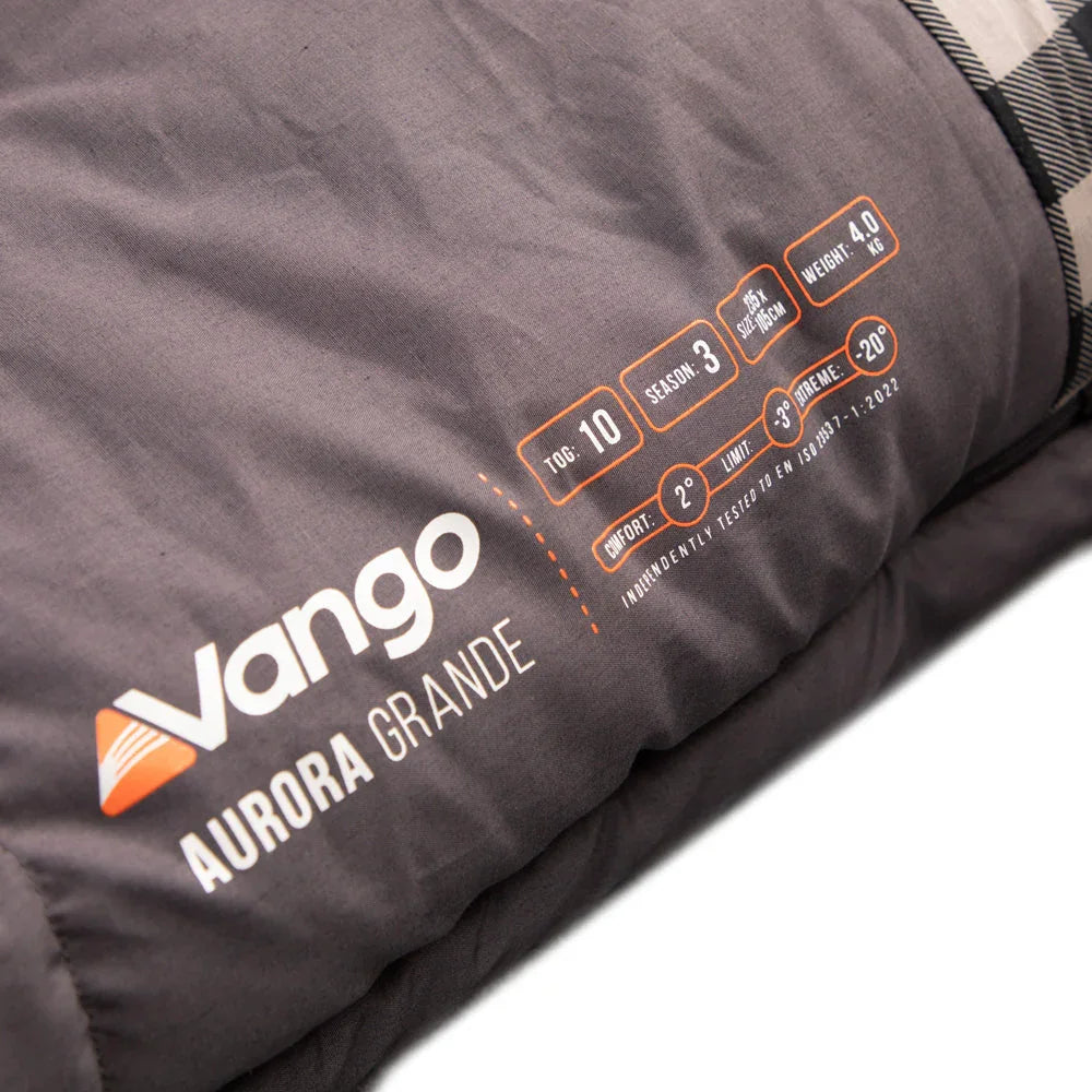 Vango Aurora Grande sleeping bag with Tog 10, Season 3 rating, -20°C extreme temp, 4kg weight for camping