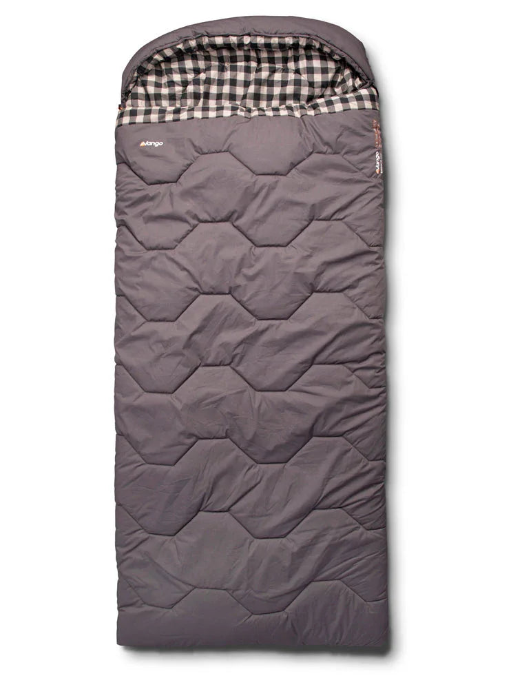 Grey hexagon-quilted sleeping bag with checkered lining, ideal for camping and outdoor adventures.