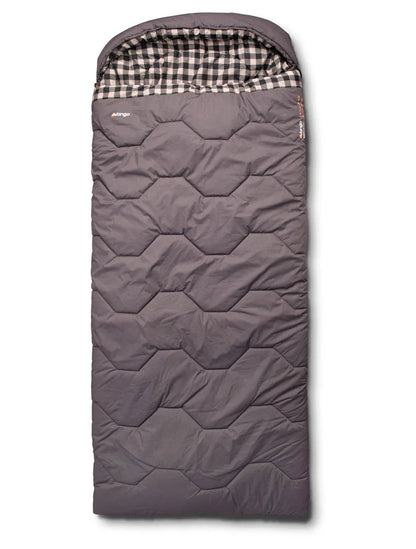 Grey hexagon-quilted sleeping bag with checkered lining, ideal for camping and outdoor adventures.