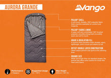 Vango Aurora Grande sleeping bag with Polair shell, Grade A insulation, and grande size for 2-season camping comfort